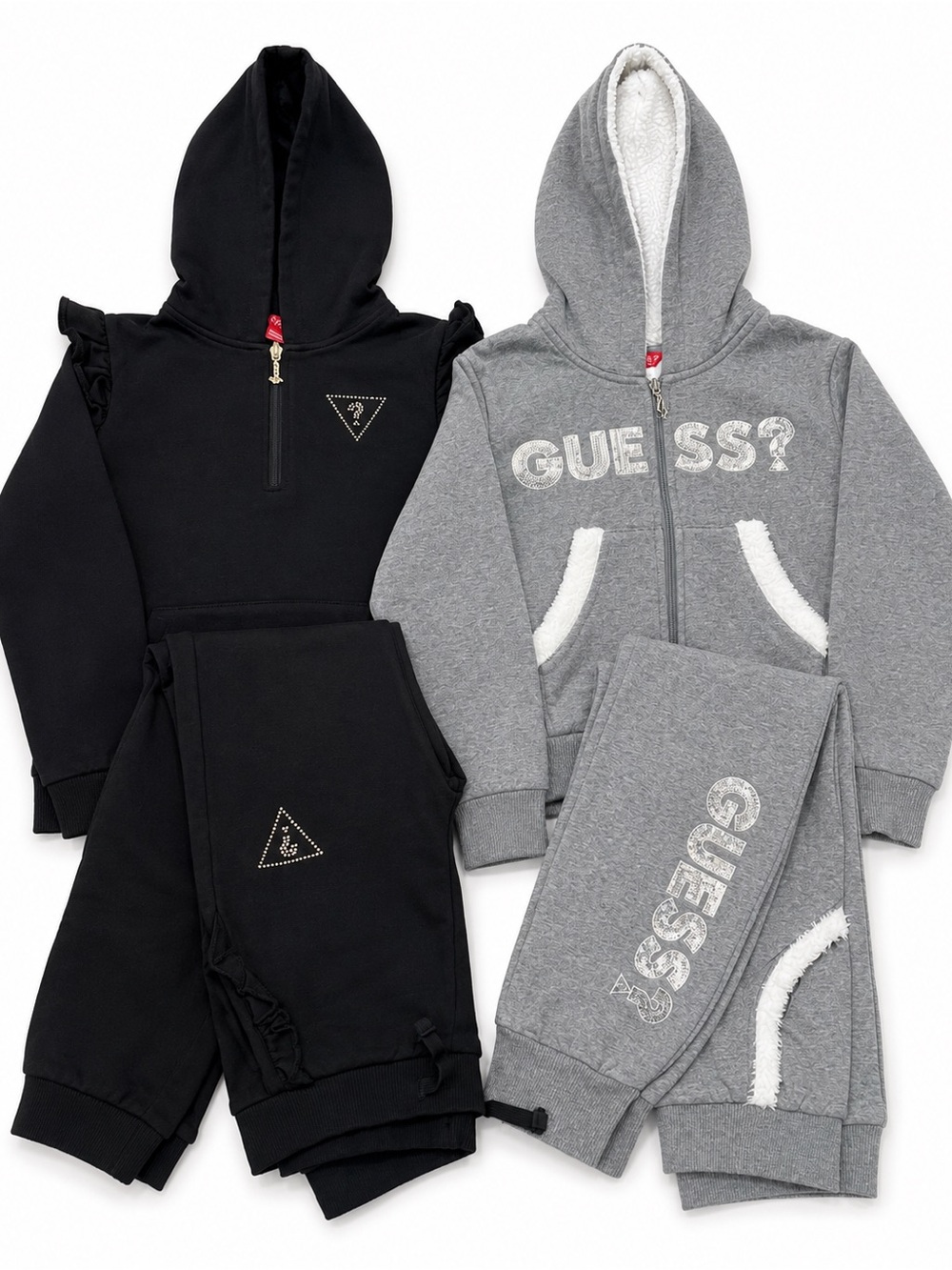 Guess Girls 2 Tracksuit Sets Black Gray Fleece Hoodie Joggers Rhinestone 7/8